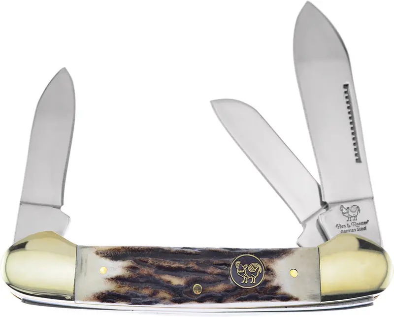 Hen & Rooster Canoe Knife – 3-Blade, Deer Stag Handle (353L-Ds) 1