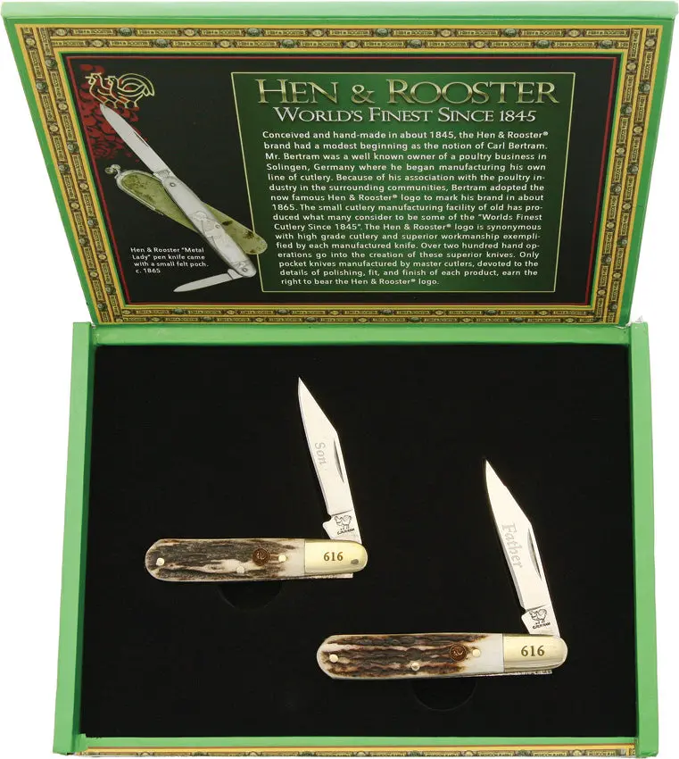 Hen & Rooster Father & Son Stag Bone Pocket Knife Set (Hrfs6) 1